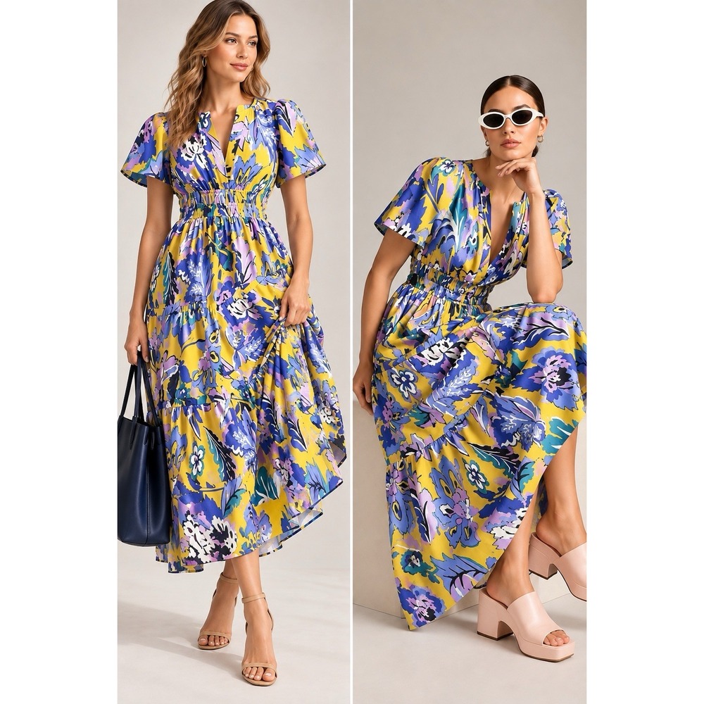 Anthropology Tiered Flutter Sleeves Maxi Dress